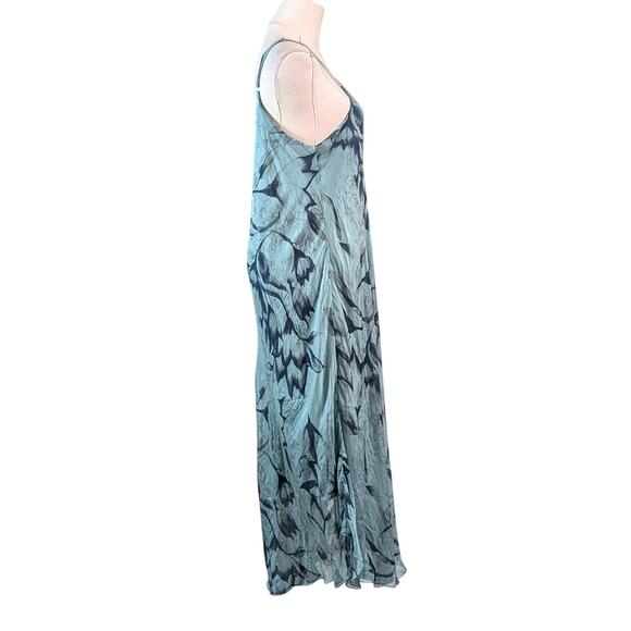Mahina Boho Blue Botanical Print Silk Maxi Slip Dress One Size - Picture 3 of 5